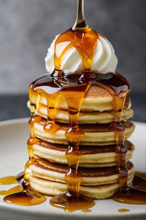 Pancakes with sour cream and caramel on a white plate.の素材