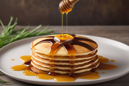 Pancakes with maple syrup and honey on plate, closeupの素材