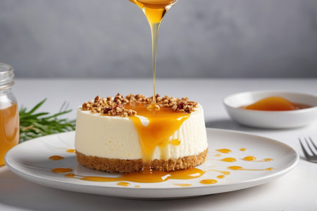 Tasty cheesecake with caramel sauce on white table, closeupの素材