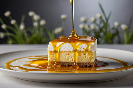 Pouring caramel syrup on cheesecake on white plate with flowers backgroundの素材