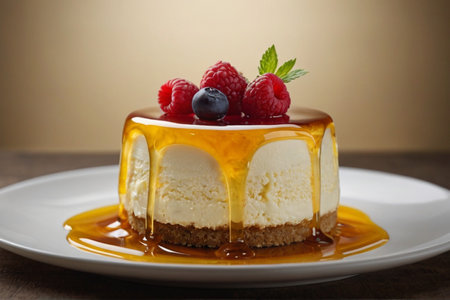 Cheesecake with raspberries and blueberries on wooden tableの素材