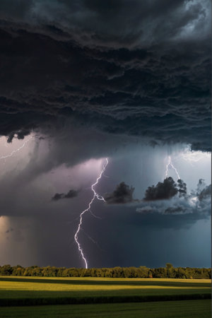 Thunderstorm in the night sky with lightning and thunderclouds. Nature composition.の素材