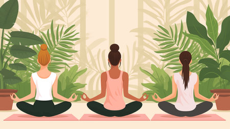 3 Women doing yoga in the morning time in a rooftop in the middle of natural plantsの素材