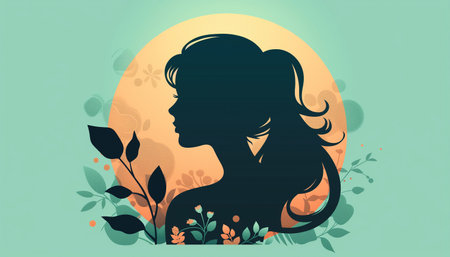 Women's Day flat illustration of a woman silhouette with beautiful hair and leaf designの素材