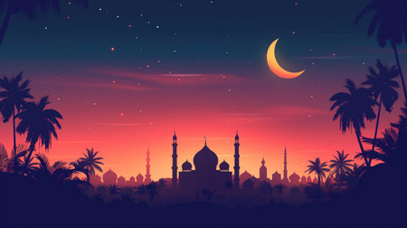 Ramadan Kareem's first Moon in the Sky poster flat illustration in the evening time and coconut trees on both sides of the mosqueの素材