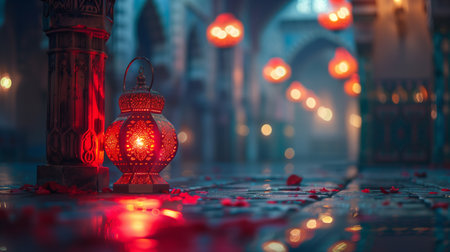 A red islamic lantern placed on the side of the image in a mosque close upの素材