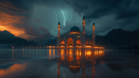 Mosque on a beach with lightning in the sky, A peaceful view of the eveningの素材