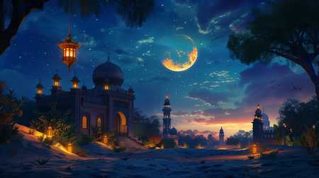 Midnight view of the mosque in the dessert and moon in the skyの素材