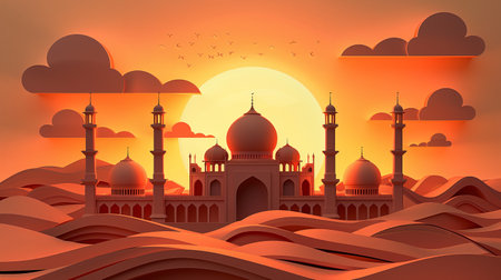 Mosque in between the dessert with big moon in the background and illustrative cloudの素材