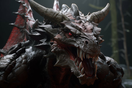 powerful and fearsome demonic dragon character. With sharp teeth, scales, and horns, this creature exudes strength and dominance.の素材