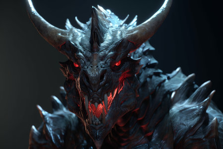 powerful and fearsome demonic dragon character. With sharp teeth, scales, and horns, this creature exudes strength and dominance.の素材
