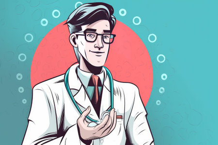 cheerful doctor character promoting new pills in a fun and playful cartoon style.の素材