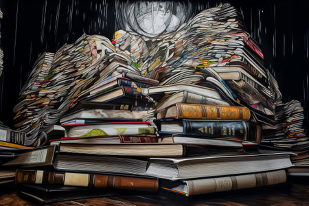 This stock illustration showcases the importance of knowledge through an abstract depiction of books.の素材