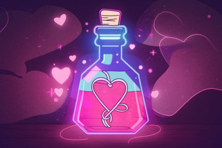 simple and colorful love potion bottle drawn in a doodle style, placed on a wooden table. The background is filled with pink colors, neon lights, and flying hearts Valentine's Day.の素材