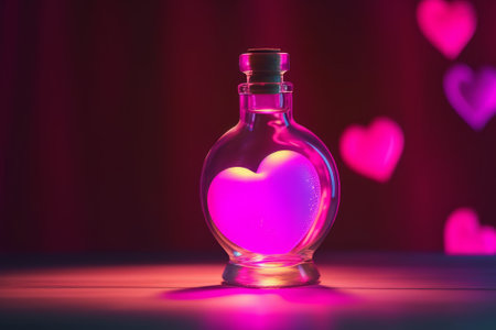 This stock illustration features an outstanding, colorful half-filled love potion bottle on a wooden table.の素材