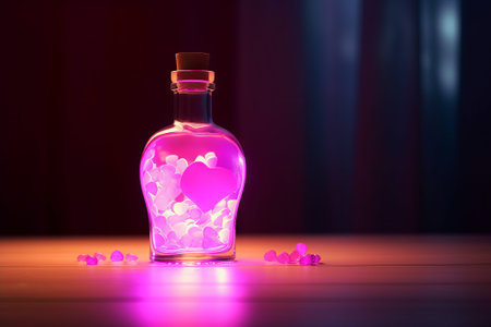 The bottle is surrounded by neon lights and flying hearts against a background in pink colors, creating a magical and romantic ambiance.の素材