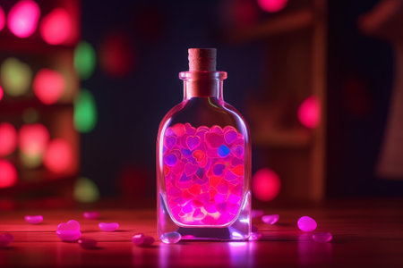 This stock illustration features a simple and colorful love potion bottle drawn in a doodle style, placed on a wooden table.の素材