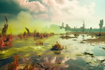 surrealistic swamp landscape with sprays of poisonous gas, creating a toxic fog. The scene portrays a natural disaster with a dream-like quality.の素材