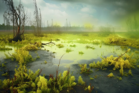 surrealistic swamp landscape with sprays of poisonous gas, creating a toxic fog. The scene portrays a natural disaster with a dream-like quality.の素材