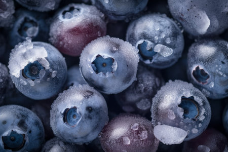 This stock illustration showcases the beauty of frozen blueberries in a macro shot. The blueberries are surrounded by ice, creating a stunning visual contrast.の素材