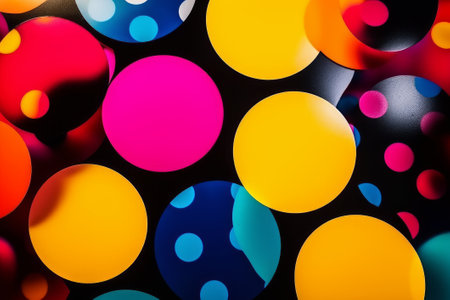 This stock illustration features a colorful and dynamic polka dot background in a pop art style.の素材