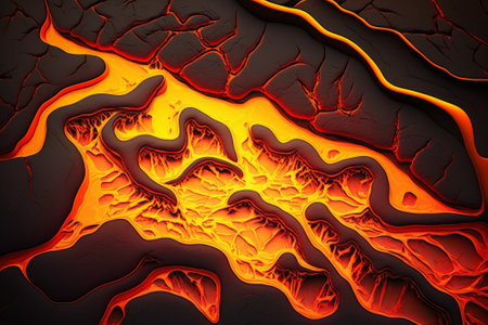 mesmerizing pattern of molten lava flowing from a top view. The vibrant colors and intricate details create a stunning visualの素材