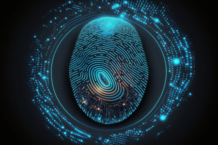 abstract fingerprint with binary code and circuitry elements in the background. The importance of protecting private data and maintaining strong cybersecurity measures.の素材