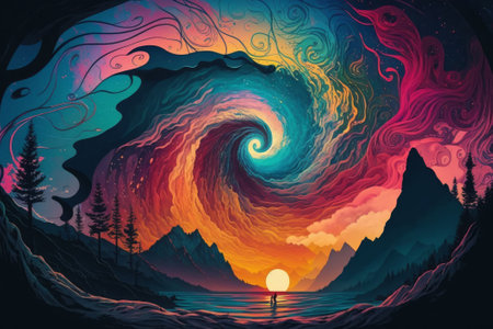 This stock illustration features a surreal landscape with vibrant colors and swirling patterns, evoking a dreamlike atmosphere.の素材
