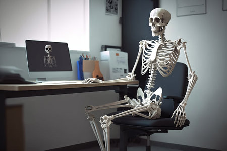 Skeleton sitting at table with computer and looking at camera in officeの素材
