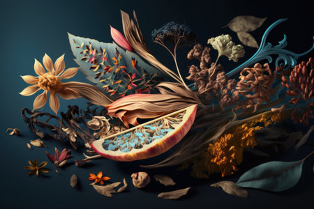 Vintage floral background with dried flowers and fruits.の素材