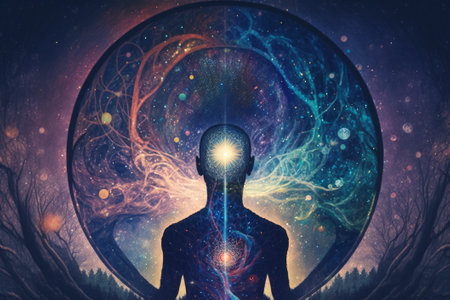 This stock illustration features a psychedelic and trippy depiction of the journey towards spiritual enlightenment and mindfulness.の素材