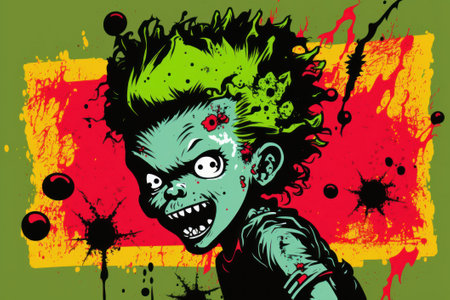 This stock illustration depicts a cute zombie in a bright and bold pop art background, offering a fun and playful take on the typically macabre horror genre.の素材