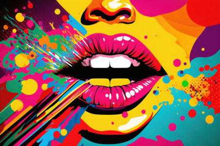 This stock illustration features a stylized depiction of a woman's lips against a vibrant and colorful pop art background.の素材