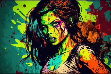 attractive female zombie with vibrant and colorful pop art-style background.の素材