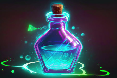 Neon magic potion in a bottle on a dark background.の素材