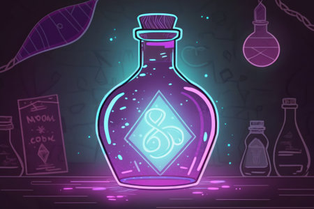 Magic potion in a bottle. illustration in neon style. Hand drawn magic potion.の素材