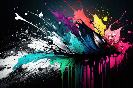 Abstract paint color background with splashes is a vibrant and dynamic digital artwork that showcases a mix of vivid colors and fluid paint splashes on a white background.の素材