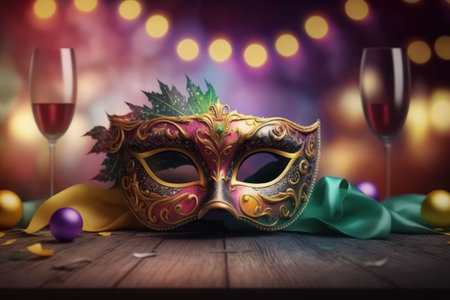 illustration featuring a Venetian mask placed on a table with a bokeh background. The banner above reads "Carnival party" in bold lettering, adding to the overall celebration mood.の素材