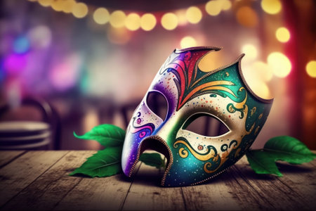 illustration featuring a Venetian mask placed on a table with a bokeh background. The banner above reads "Carnival party" in bold lettering, adding to the overall celebration mood.の素材