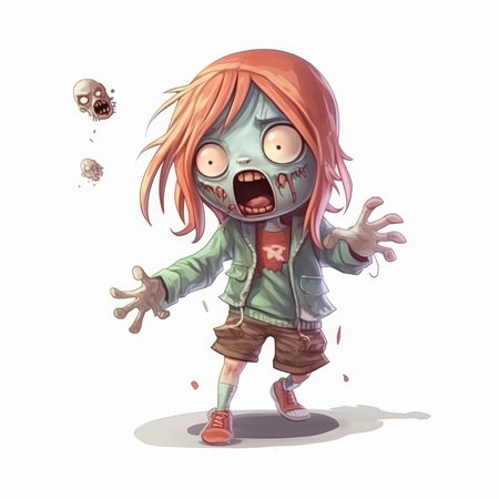 A cute yet terrifying zombie female character, with a raging expression, depicted on a plain white background.の素材