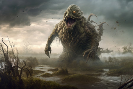 A horrifying swamp monster emerges from the murky, toxic waters, with ominous clouds in the background.の素材