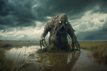 A horrifying swamp monster emerges from the murky, toxic waters, with ominous clouds in the background.の素材