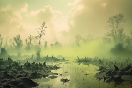 A surrealistic illustration of a swamp landscape with toxic gas sprays and natural disaster, created using generative AI technology.の素材