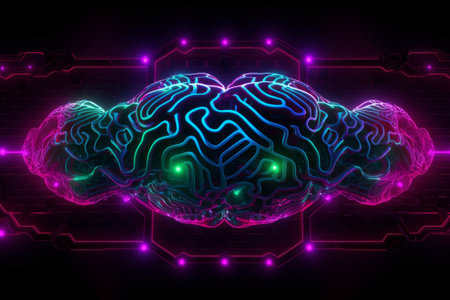 A striking stock illustration featuring a futuristic pattern of neon lights in a unique neuro links style created using Generative AI.の素材
