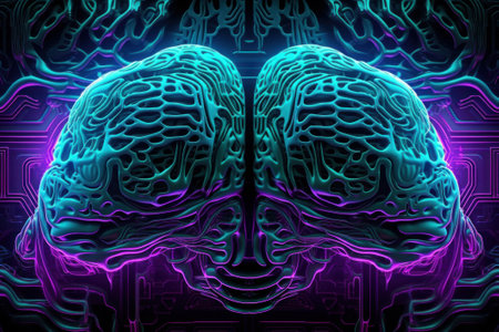 A striking stock illustration featuring a futuristic pattern of neon lights in a unique neuro links style created using Generative AI.の素材