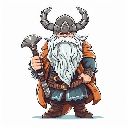 Illustration of the Norse god Odin in a comic book style on a white background. Perfect for any project that requires a touch of Nordic mythology and fun artwork.の素材