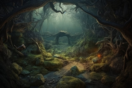 Enter a spooky and ominous realm with this fairy tale forest landscape created by Generative AI. Perfect for horror-themed projects.の素材