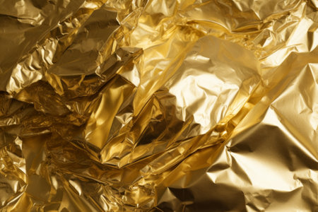 A stunning top view shot of a closeup of a gold foil surface, captured in all its shimmering glory. Created using generative AI techniques.の素材