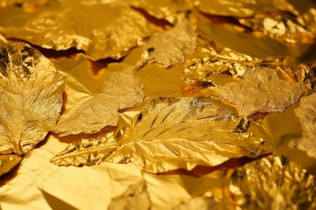 A stunning top view shot of a closeup of a gold foil surface, captured in all its shimmering glory. Created using generative AI techniques.の素材