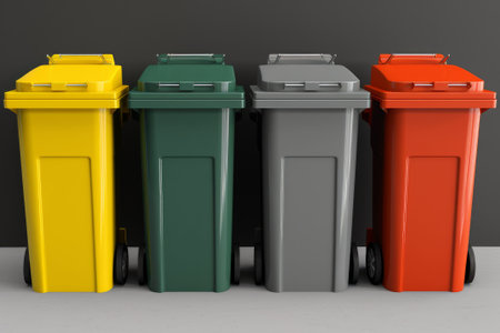 A stock illustration of colorful bins for recycling different types of waste. Made using Generative AI technology.の素材